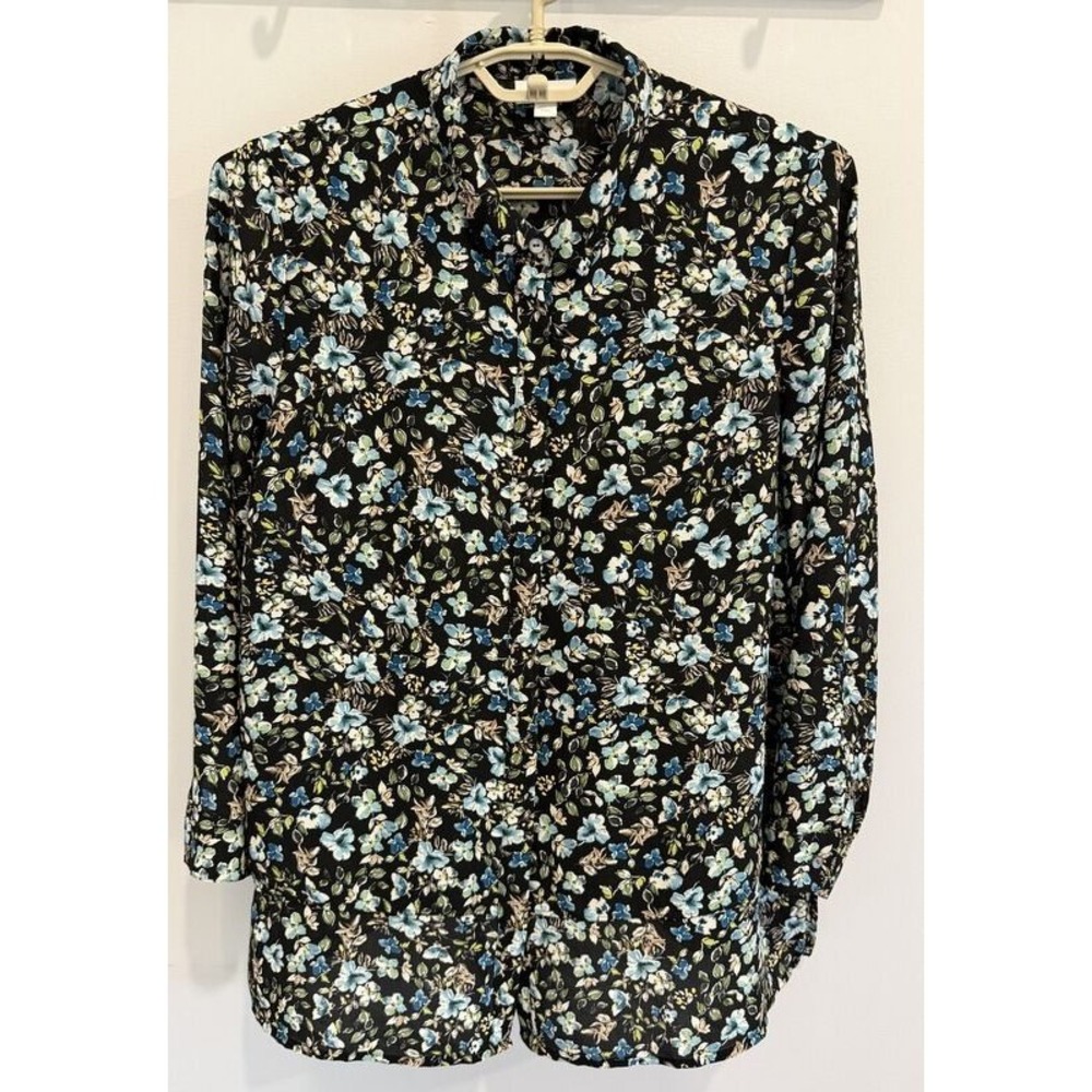 J Jill Black Blue Floral Long Sleeve Button Front Blouse Size L Petite